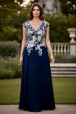 Navy Blue Embroidered Gown Plus Size 20 Mother of the Bride Formal Chiffon Dress